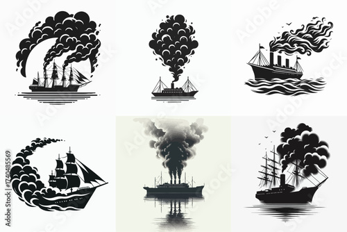 silhouette vector illustration of a smoking ship set