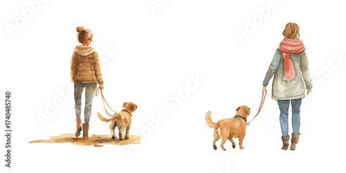 woman walking with a dog watercolor vector illustration