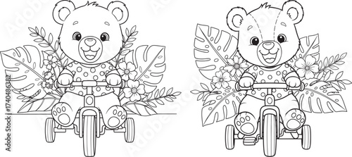 Vector art of two adorable teddy bear riding a tricycle with tropical leaves and flower, perfect for coloring book