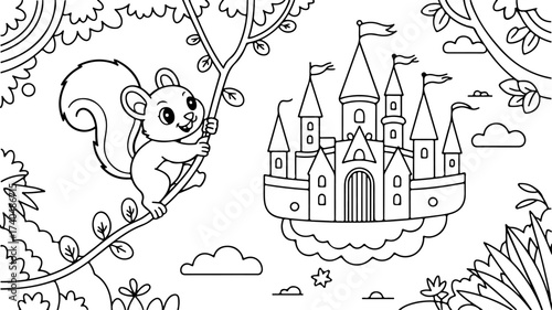 Fairy Tale Castle Coloring Page with Cute Squirrel
