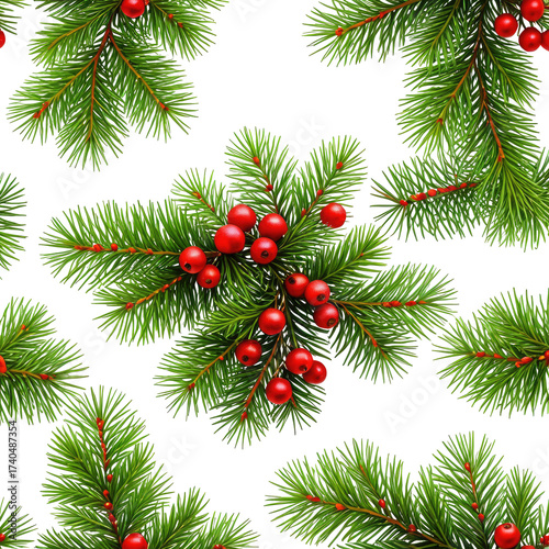 Green pine branches with red berries on black background. Holiday pattern