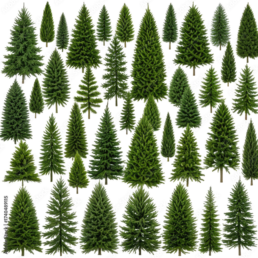 Obraz premium Collection of vibrant green coniferous trees with diverse shapes