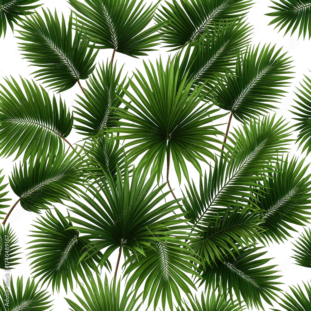 Obraz premium Lush green tropical palm leaves pattern on black background