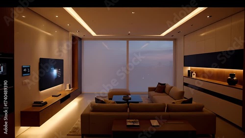 Automatic roller blinds closing in a luxurious high-rise apartment at dusk, with ambient lighting adjusting to create a cozy atmosphere in a modern living room featuring home automation technology