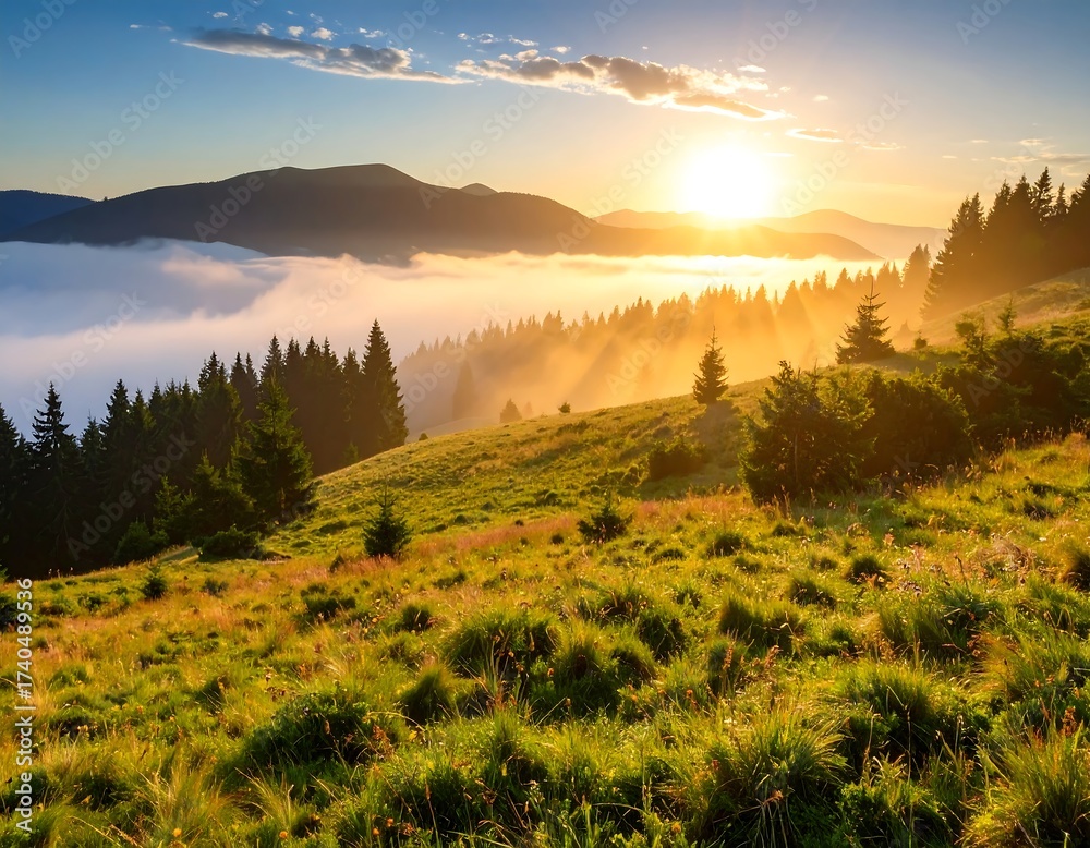 Obraz premium Golden sunrise over misty mountains and a green hill