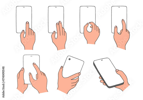 スマホを操作する手の手描きイラストセット