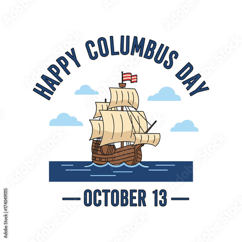 Vintage sailing ship on blue water with clouds and text