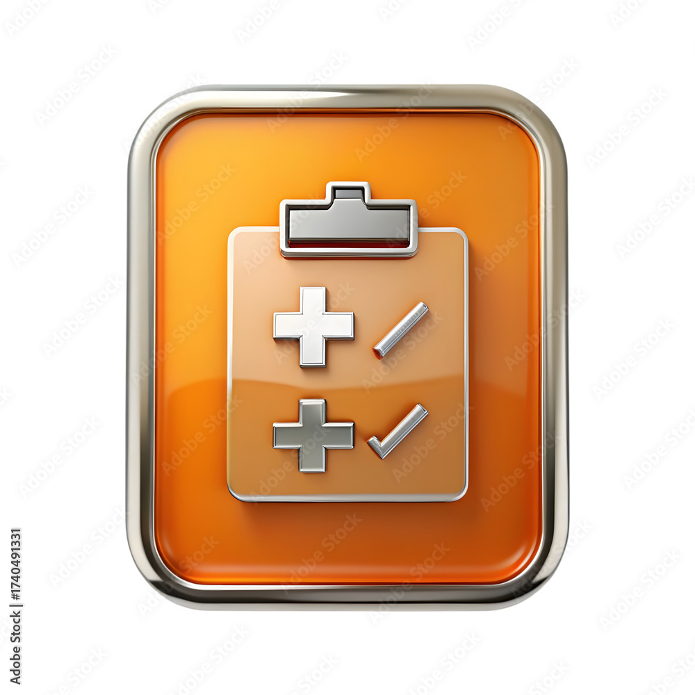 Fototapeta premium Orange clipboard icon with plus and check marks isolated on transparent background