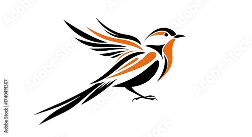 美しいオレンジ色のアクセントと黒いラインで描かれた鳥が優雅に舞うイラスト