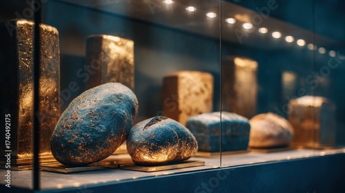 Shiny Gold Bars and Rough Stones in Modern Display Case