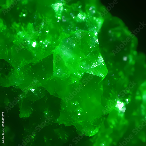 Abstract glowing green uranium crystal texture background.