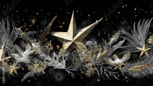 Golden Star and Bird Illustration with Floral Accents on Black Background