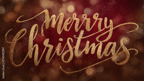 Elegant Merry Christmas Script with Golden Glitter on Red Background