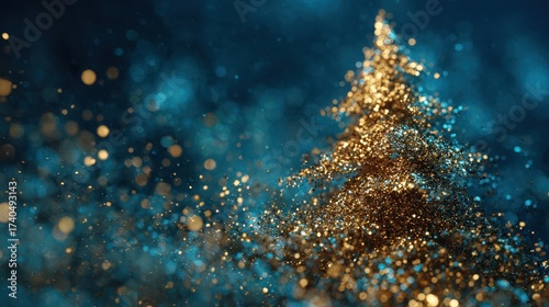 Sparkling Gold Christmas Tree with Blue Christmas Background