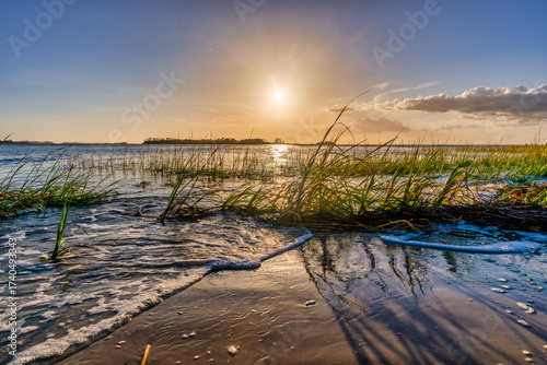 Sunset over calm waters with grass lining the shore at a tranquil beach location