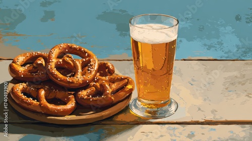 Delicious Pretzels and Golden Beer on Rustic Wooden Table