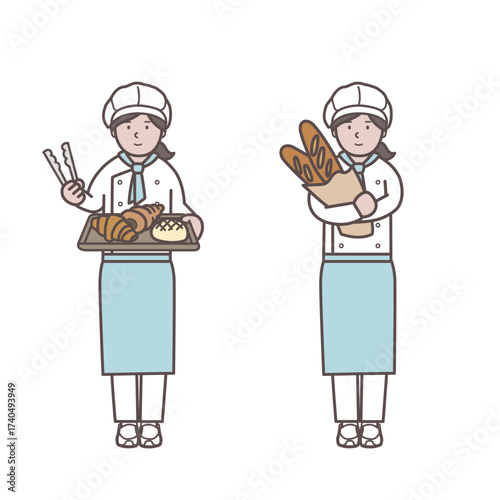 女性のパン屋さんのイラストセット