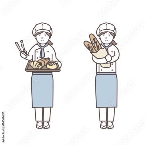 女性のパン屋さんのイラストセット