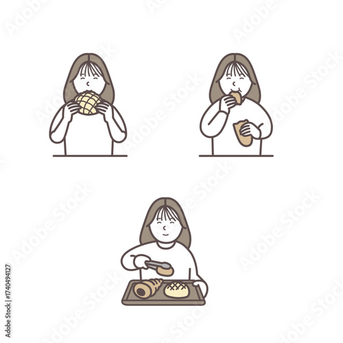 パンを買って食べる女性のイラストセット