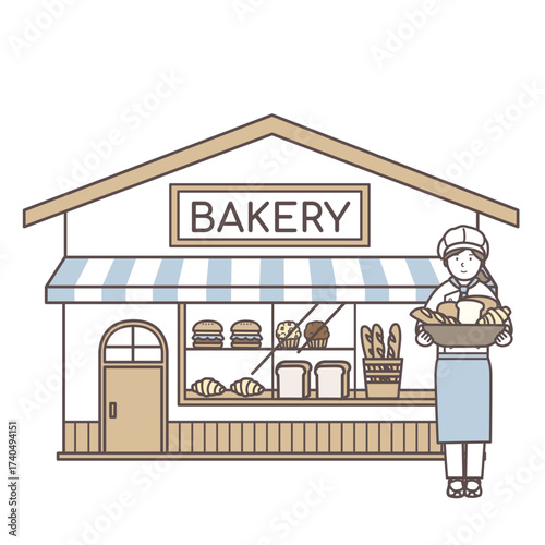 パン屋さんの女性店員とお店のイラスト