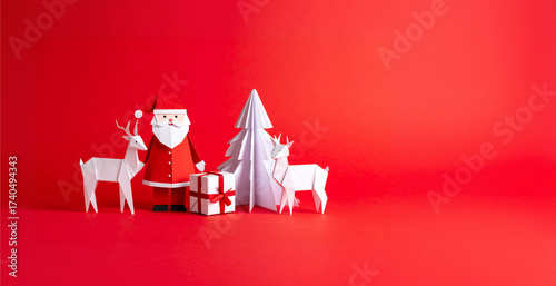 A Minimalist Christmas Greeting Card Concept with Santa, Reindeer, and Gifts Framed by an Elegant Origami Tree on a Bold Festive Red Canvas