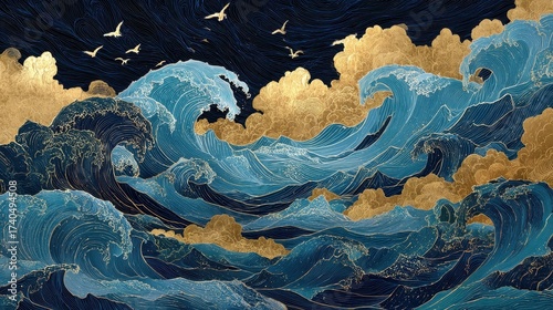 Majestic Ocean Waves with Golden Hues and Soaring Birds in Sky