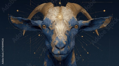 Majestic Goat Portrait with Celestial Background and Artistic Elements