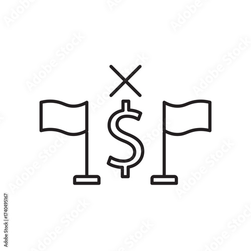 Editable stroke line icon of a dollar sign with crossed flags and an X, symbolizing financial conflict, trade disputes, or economic barriers. Ideal for apps, websites, and infographics on finance.