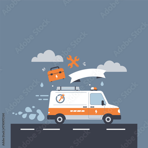 Service Van with Toolbox and Wrench banner road clouds illustration repair maintenance vehicle transportation mechanic equipment