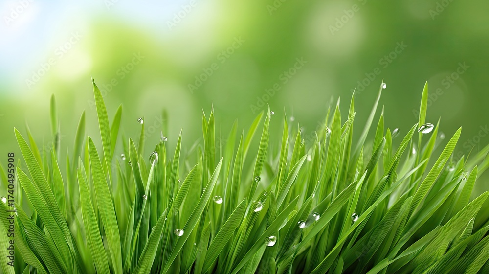 Fototapeta premium Lush Green Grass with Dew Drops in a Sunlit Natural Background Capturing the Essence of Freshness and Vibrancy