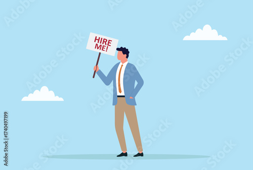 Vector illustration of a job seeker holding a small hire me sign, representing job hunting, career search, recruitment, employment opportunities and hiring concept
