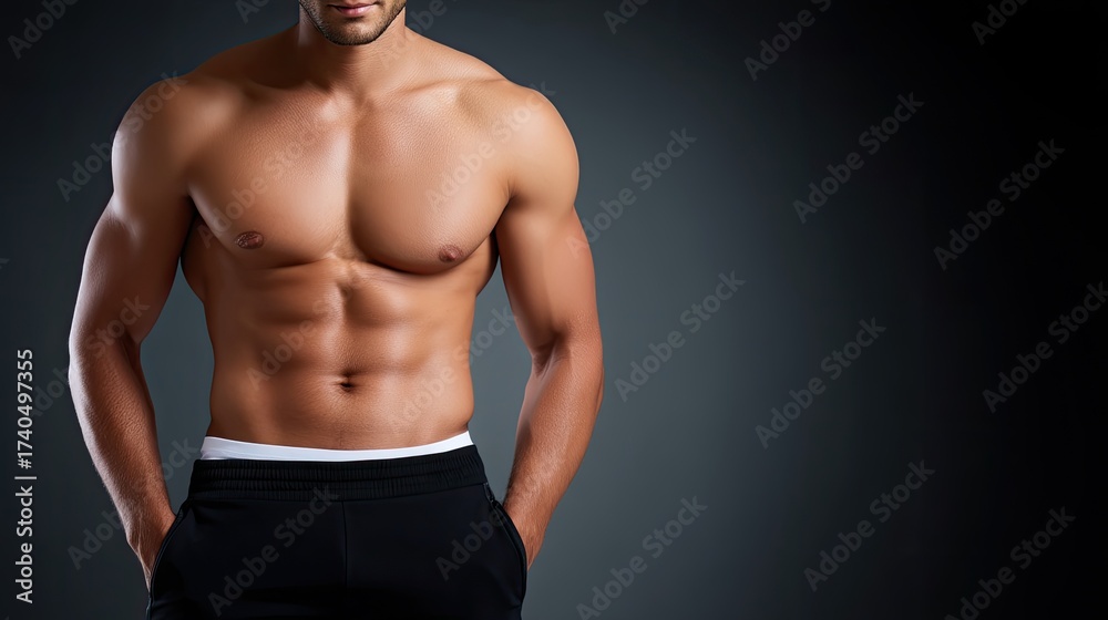 Fototapeta premium Muscular Male Model Showcasing Defined Abs Against a Dark Background in Studio Lighting