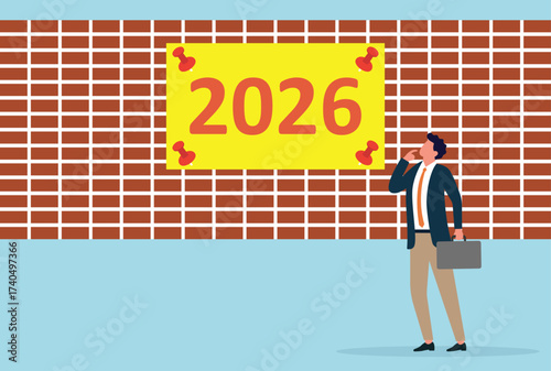 Vector illustration of a businessman looking at a large pinned board with the year 2026, symbolizing future planning, new goals, opportunities, and upcoming challenges