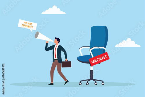 Vector illustration of a businessman announcing job vacancies with a megaphone beside an empty office chair marked vacant, symbolizing recruitment, hiring, and employment opportunities