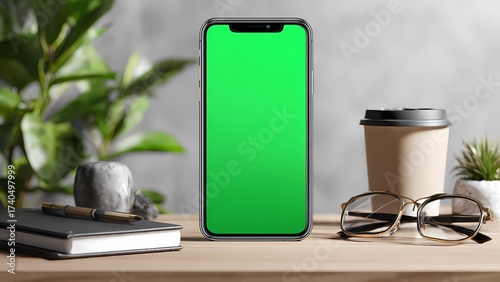Vertical Smartphone Mockup with Green Screen and Coffee Cup on a Bright, Minimalist White and Wood Desk