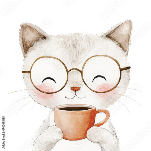 Cute cat with glasses enjoying coffee a heartwarming illustration.