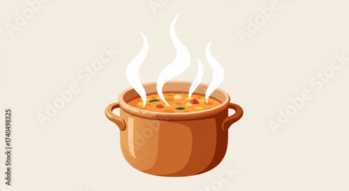 Pot of steaming soup with vegetables on light background, Açorda  