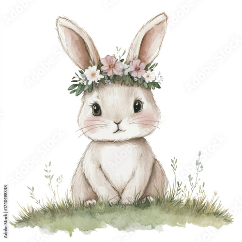 Cute Easter Bunny Wearing a Flower Crown in a Meadow.