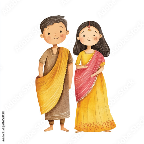 Cute Indian Couple in Traditional Attire Watercolor Illustration.