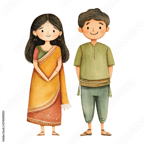 Cute Indian Couple Wearing Traditional Attire Watercolor Illustration.