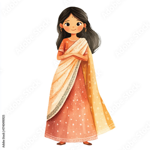 Cute Indian girl in traditional saree standing with hands folded in namaste gesture.