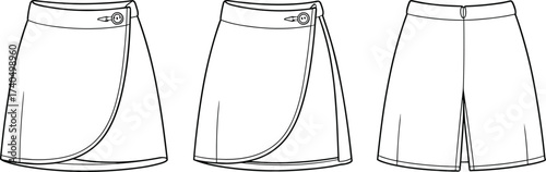 Women’s wrap skirt and skort vector flat sketch with button closure and overlap panel, fashion cad technical drawing illustration