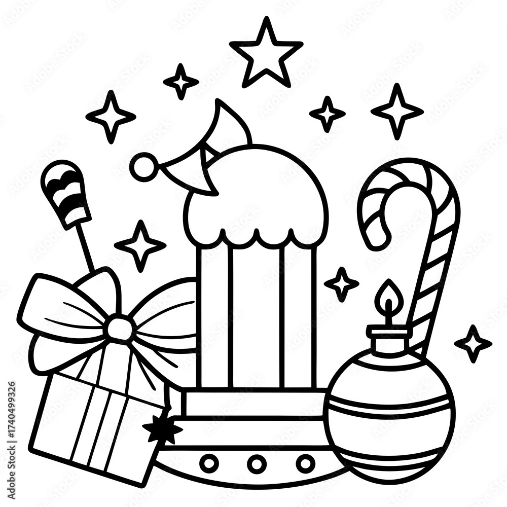 Fototapeta premium Minimal Holiday Game Assets Line Art Vector Illustration on White Background