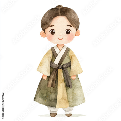 Cute Korean boy in traditional Hanbok costume watercolor illustration.