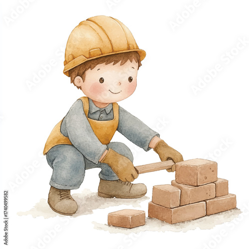 Cute little boy builder constructing brick wall with hammer and bricks.