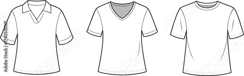 Basic t shirt flat sketch with collar, v neck and crew neck variations, cad drawing fashion vector template for apparel design