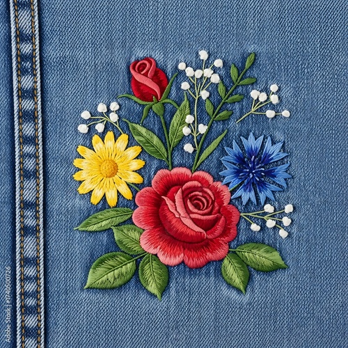Floral Embroidery on Denim - A Vibrant Display of Roses and Daisies.