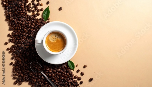 Aromatic Coffee Beans with White Ceramic Cup Saucer and Spoon on Rustic Textured Surface in Warm Light Still Life Flat Lay Composition