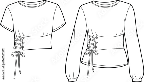 Trendy lace up blouse fashion flat sketch, women top vector cad drawing, stylish apparel design template with short and long sleeves
