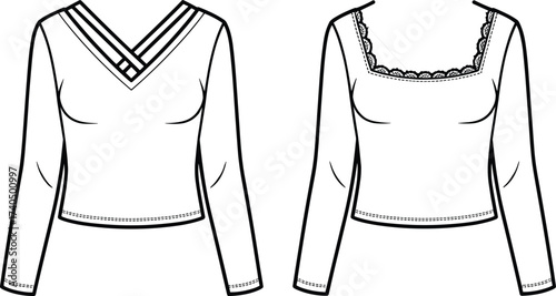 CAD drawing flat vector, long sleeve women top template, fashion flat sketch, stylish blouse front and back, apparel design illustration